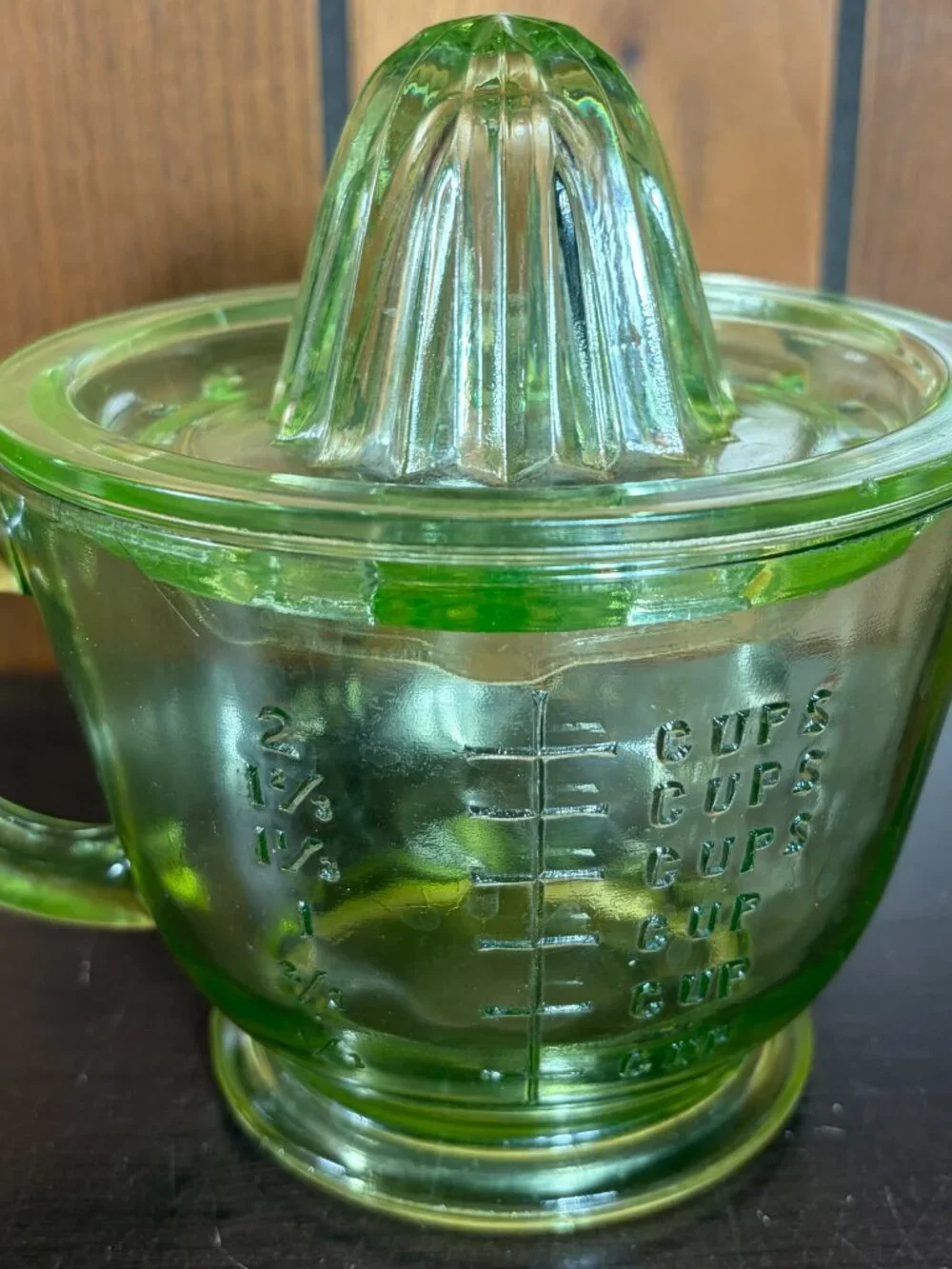 Vintage Green Depression Uranium Glass Citrus Reamer and Measuring Cup Set